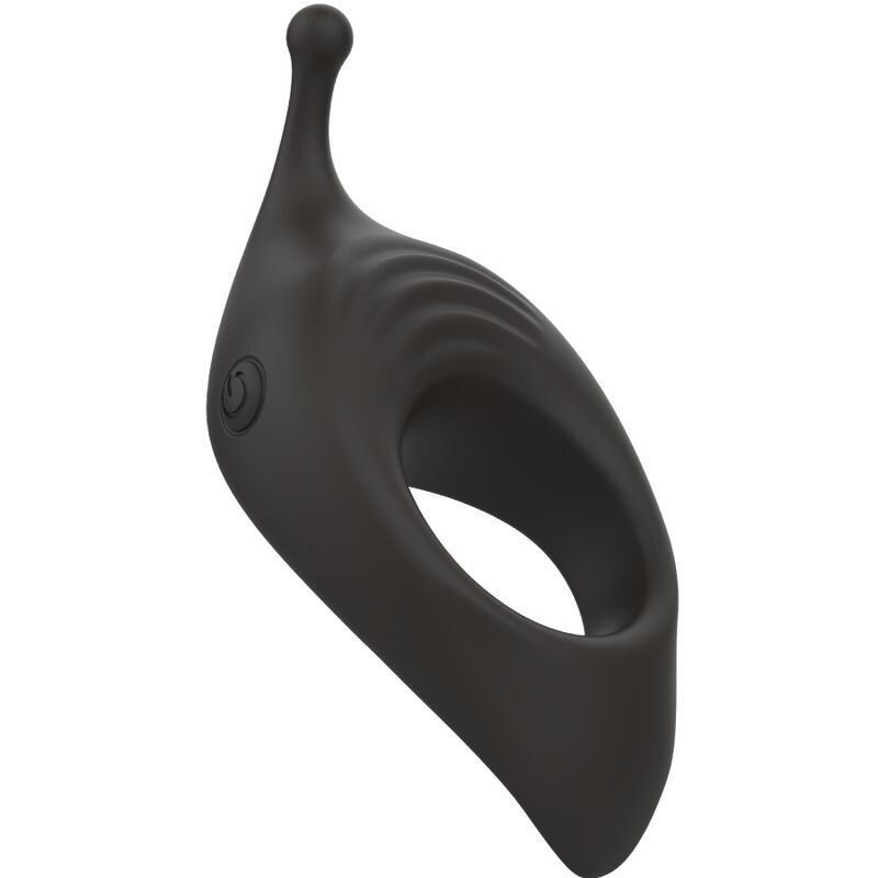 Schwarzer, ringförmiger Vibrator mit einer erhabenen, geriffelten Oberfläche und einem Knopf mit Power-Symbol. Oben befindet sich eine runde Spitze.