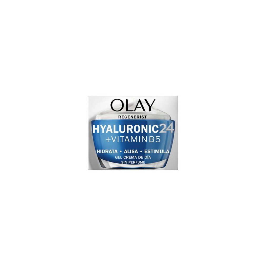 Olay Regenerist Hyaluronic 24 + Vitamin B5. Blaue Verpackung mit Text. Gel Crema de Día.