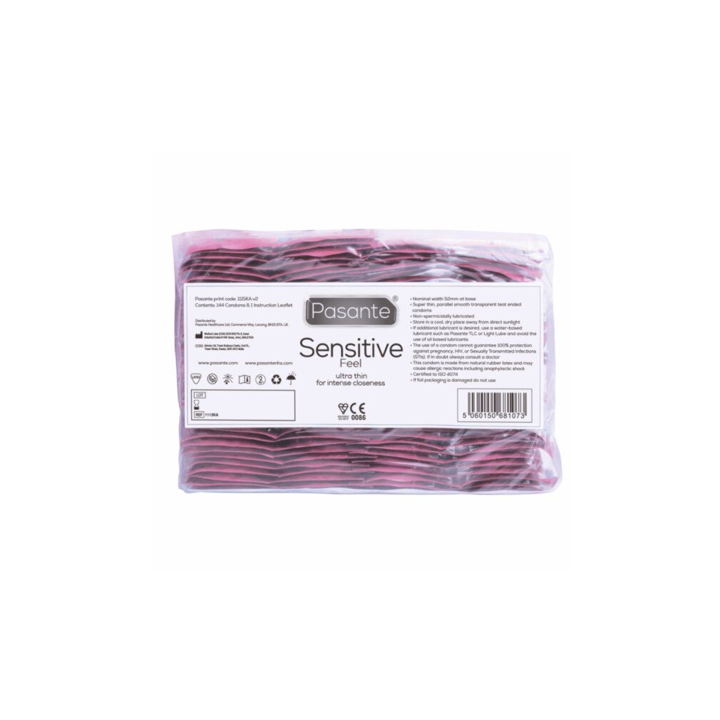 Verpackung mit Kondomen Pasante Sensitive Feel. Produktinformationen und CE-Kennzeichnung sind sichtbar.