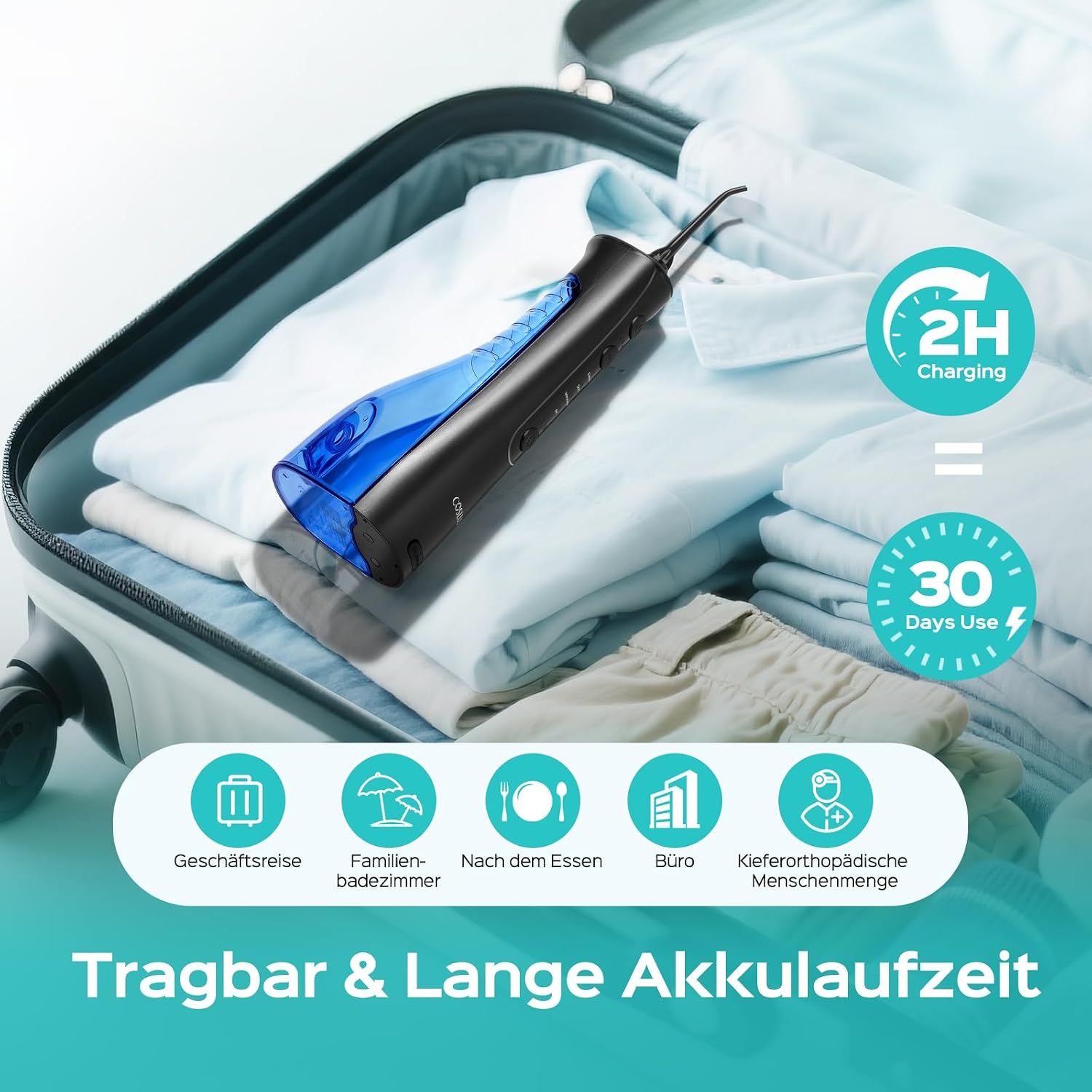 Schwarzer Mundduschen-Set mit Box und vier Aufsätzen.