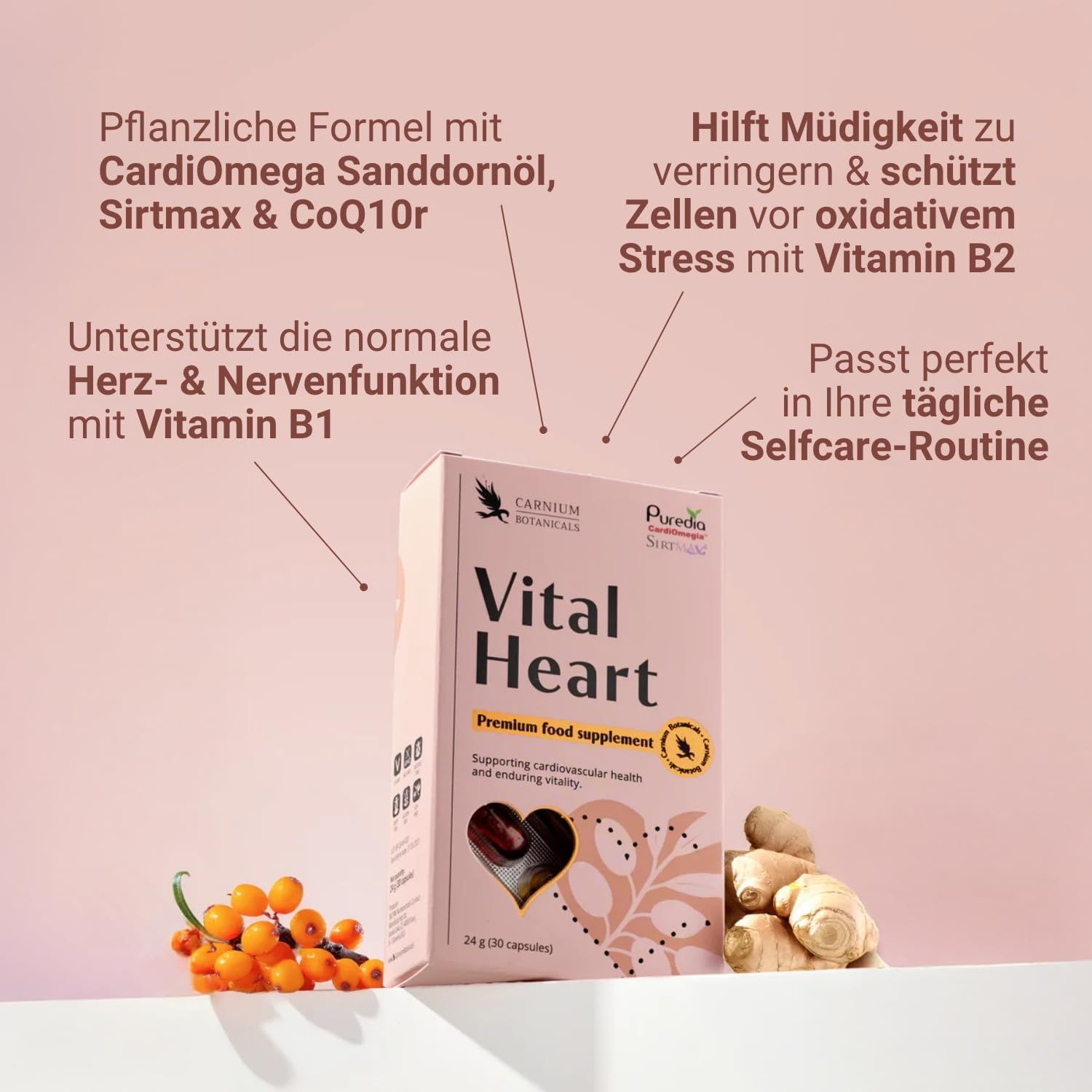 Rosa Schachtel "Vital Heart" mit Text und Illustrationen. Zusätzliche Zutaten wie Sanddorn und Ingwer.