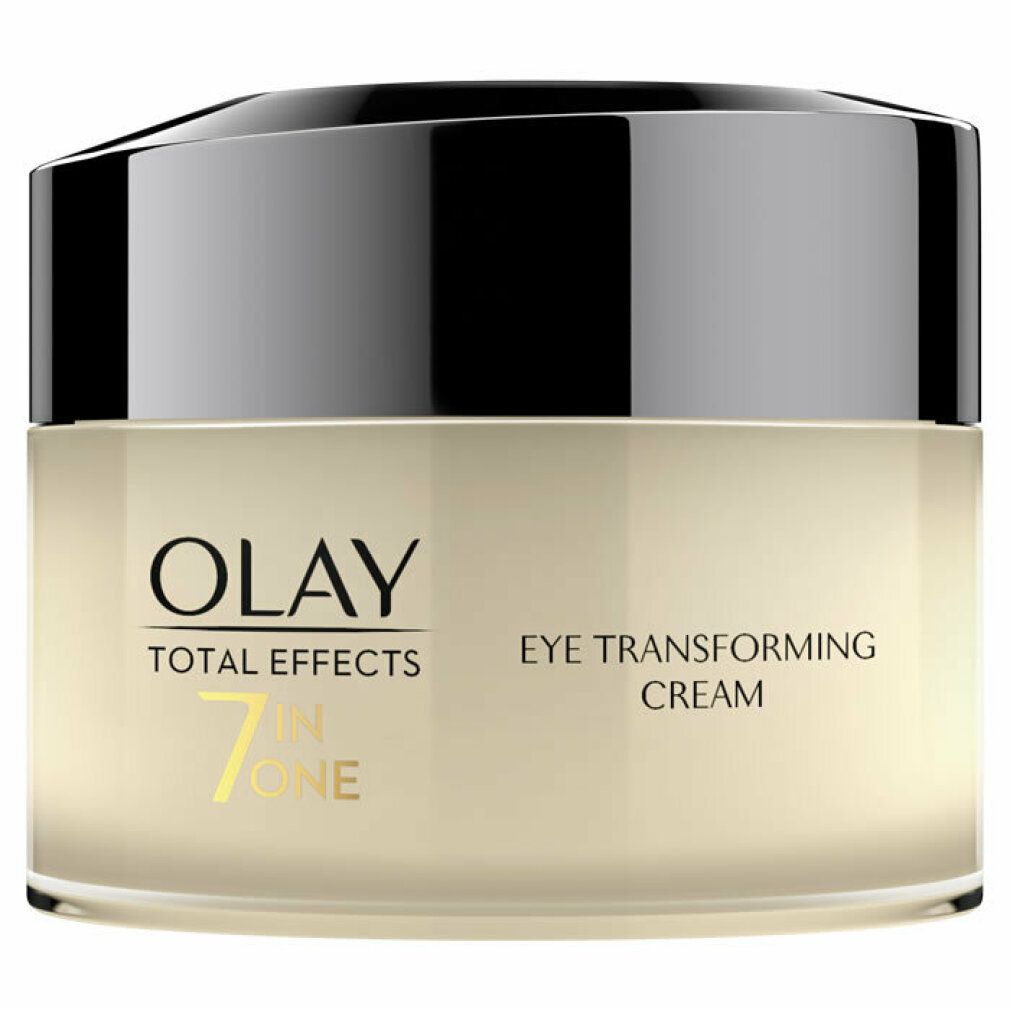 Olay Total Effects Eye Transforming Cream. Creme in einem Glas mit schwarzem Deckel. Produktname und Logo deutlich sichtbar.