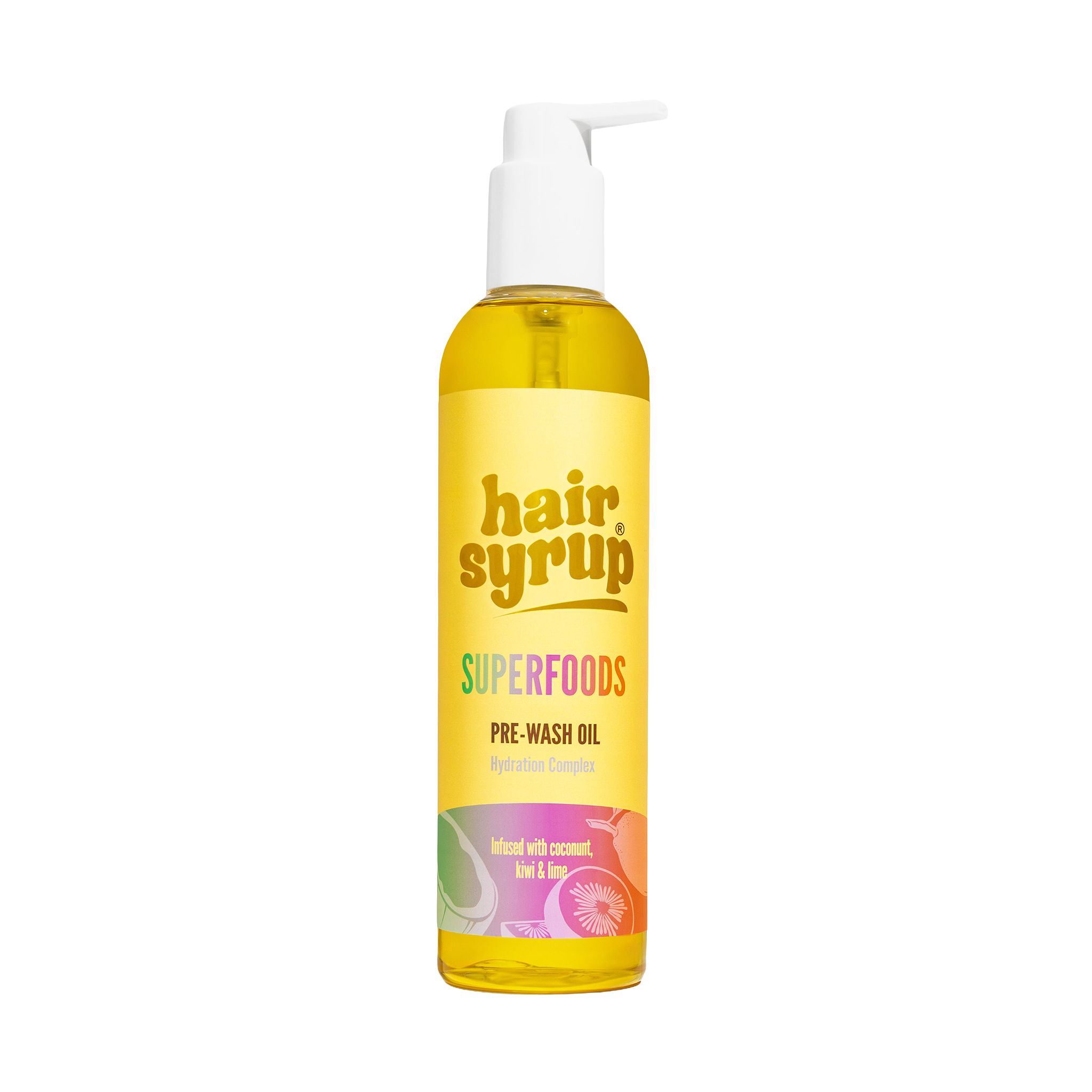 Gelbe Flasche mit Pumpe. Aufschrift: Hair Syrup Superfoods Pre-Wash Oil. Mit Kokosnuss, Kiwi & Limette.