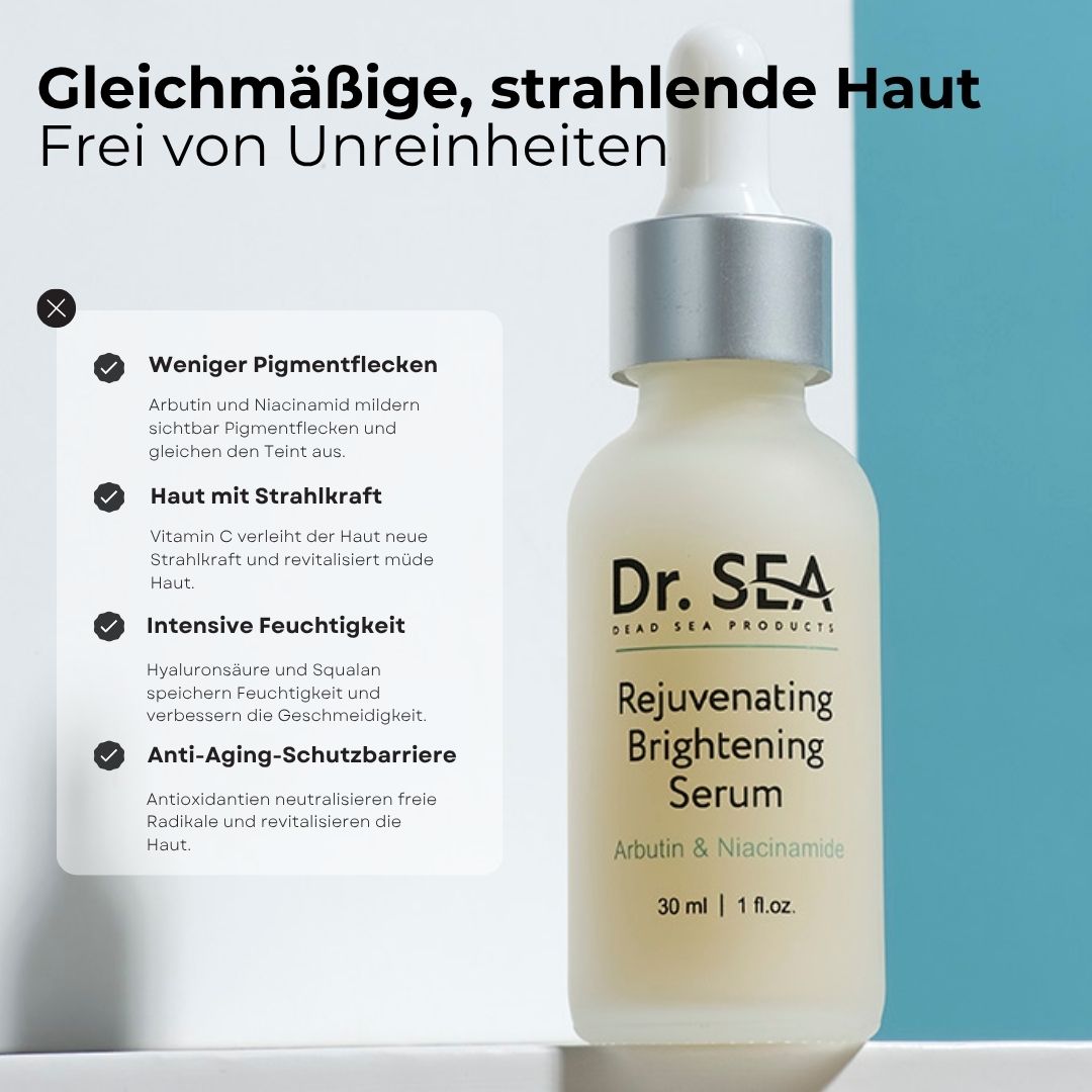 Serumflasche mit Text. Text: Dr. SEA, Rejuvenating Brightening Serum, Arbutin & Niacinamide. Mit Infografik.