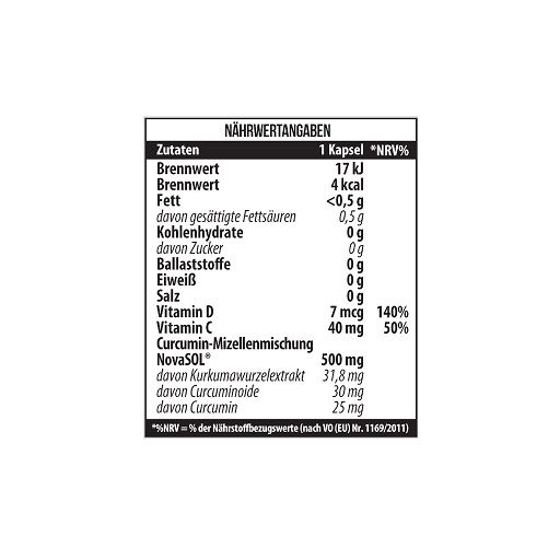 Nahaufnahme der Nährwerttabelle. Enthält Informationen zu Brennwert, Fett, Kohlenhydrate, Vitamin D, Vitamin C und Curcumin.
