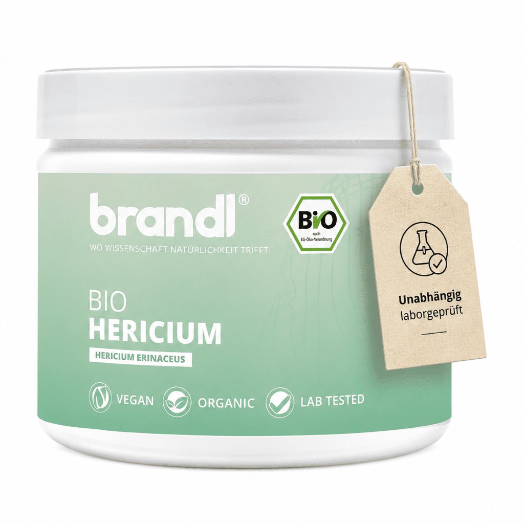 Weiße Dose mit grünem Etikett, BIO HERICIUM, Hericium Erinaceus, Vegan, Organic, Lab Tested.