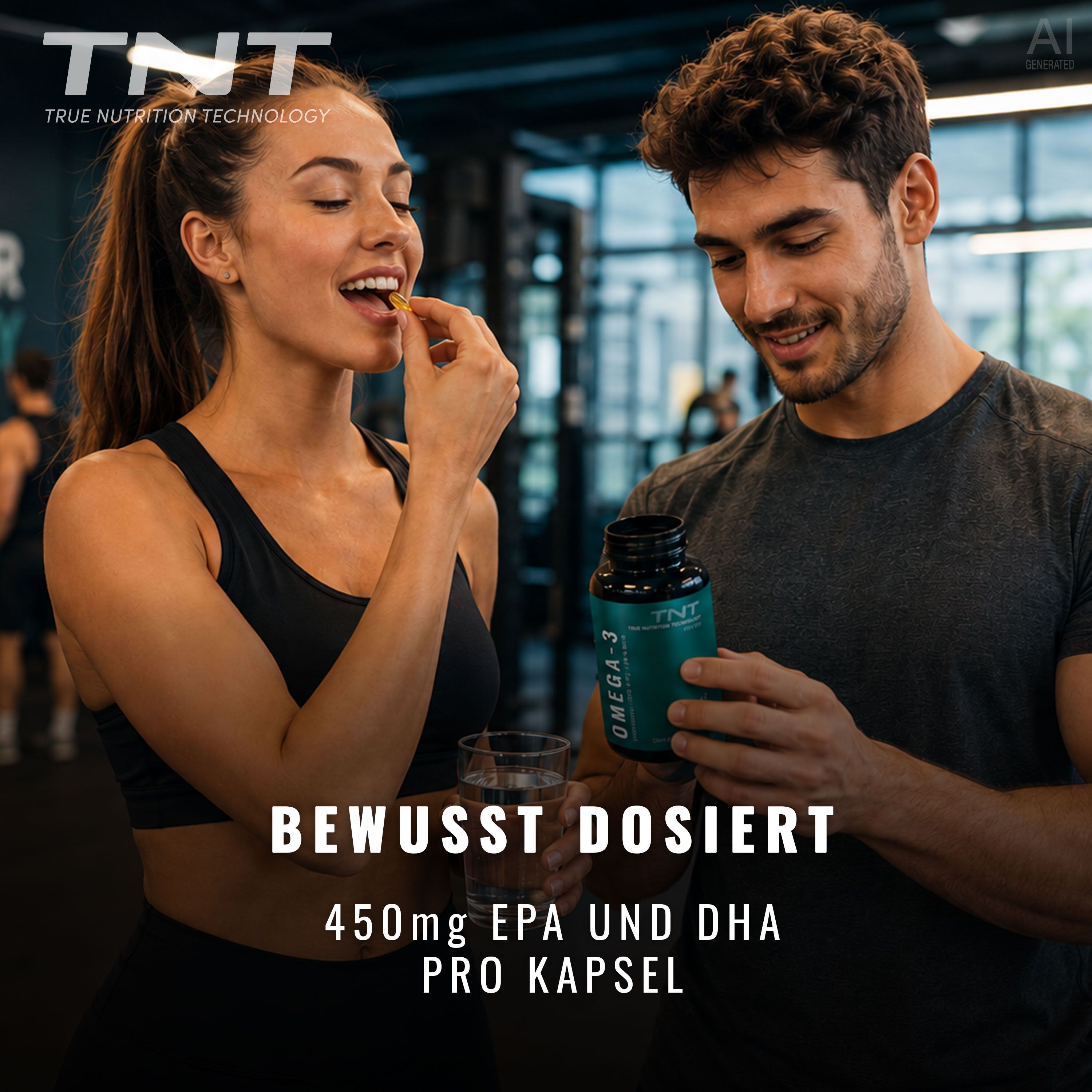 Mann und Frau nehmen TNT Omega-3 Algenöl Kapseln in einem Fitnessstudio.