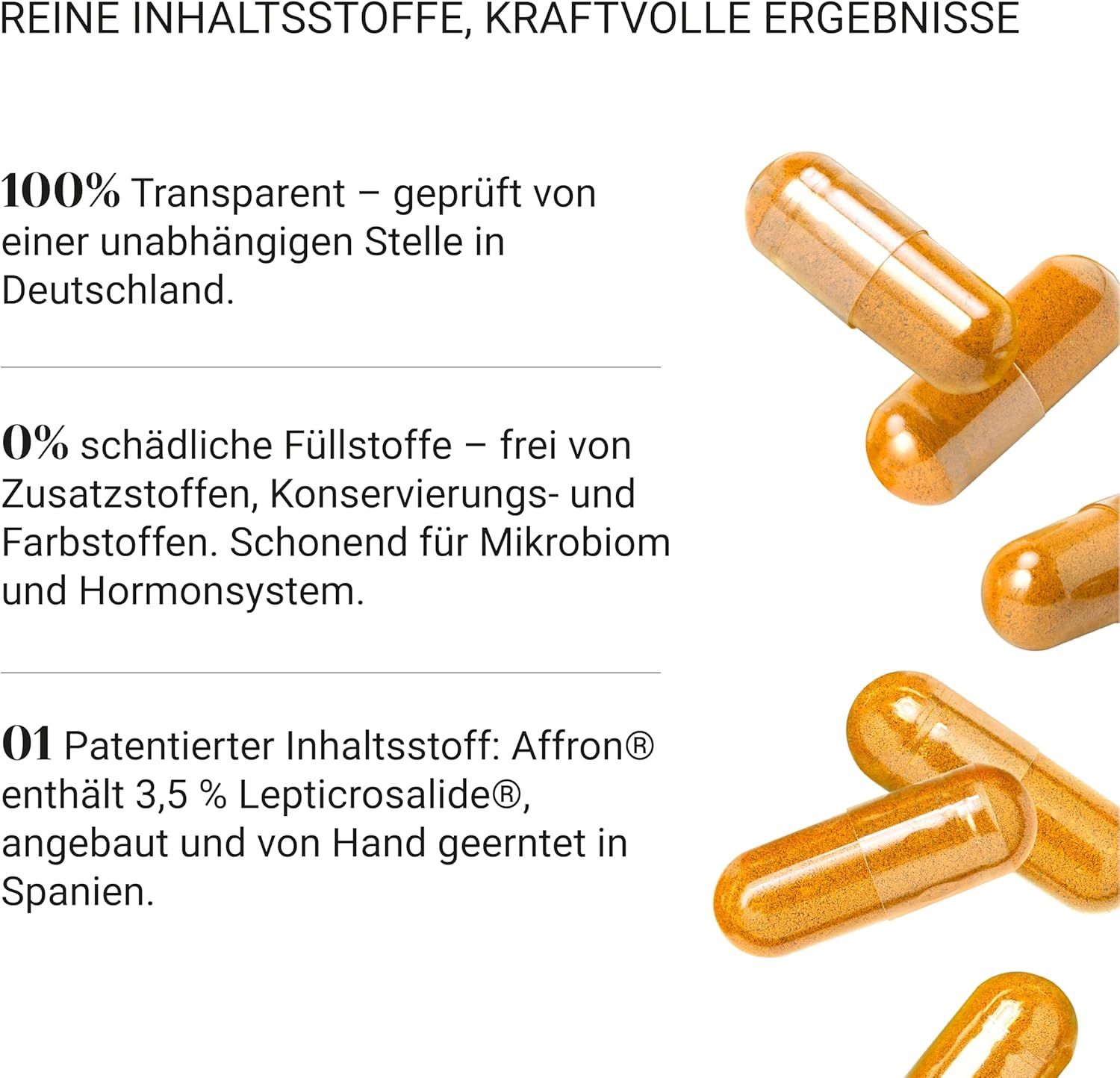 Mehrere Kapseln. Text: 100% Transparent - geprüft von einer unabhängigen Stelle in Deutschland. 0% schädliche Füllstoffe.