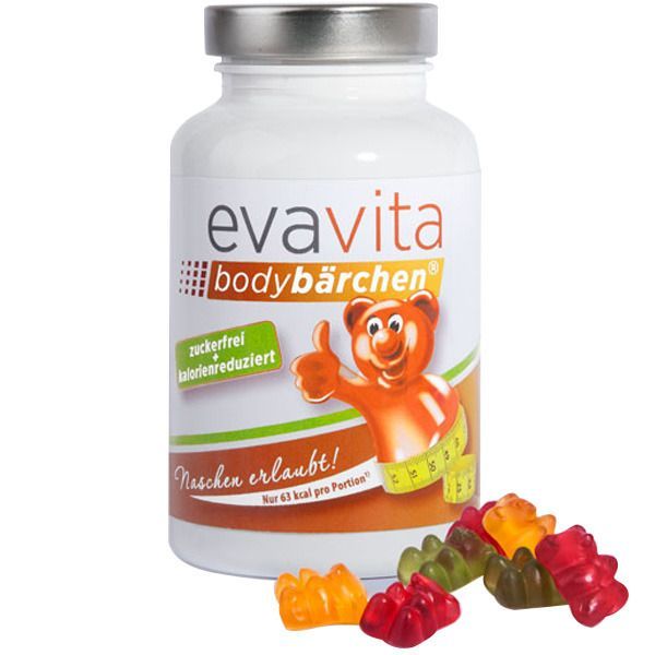 Weiße Flasche mit schwarzem Deckel. Aufschrift: evavita bodybärchen, zuckerfrei, kalorienreduziert. Bär mit Maßband. Gummibärchen daneben.