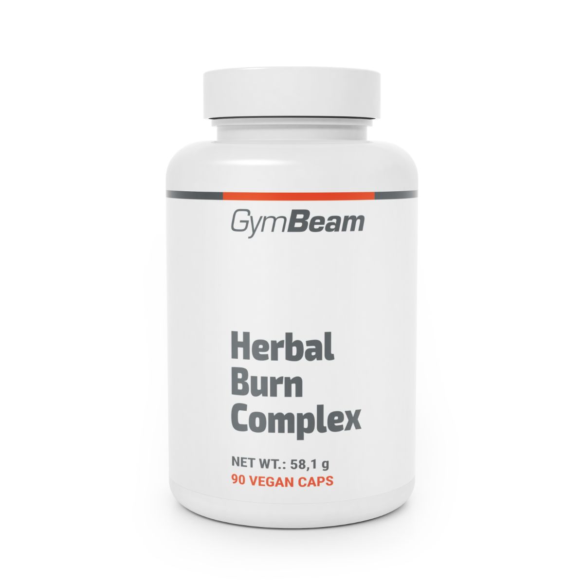 Weiße Flasche mit GymBeam Herbal Burn Complex Kapseln, 90 vegane Kapseln.