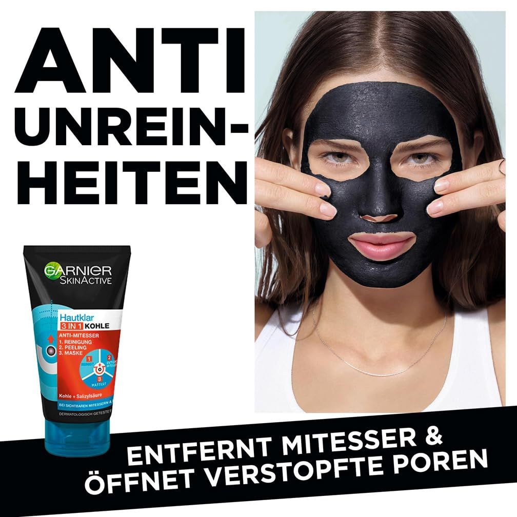 Frau mit schwarzer Maske, Garnier SkinActive Hautklar Kohle Peel-Off Maske. Text: Anti-Unreinheiten.
