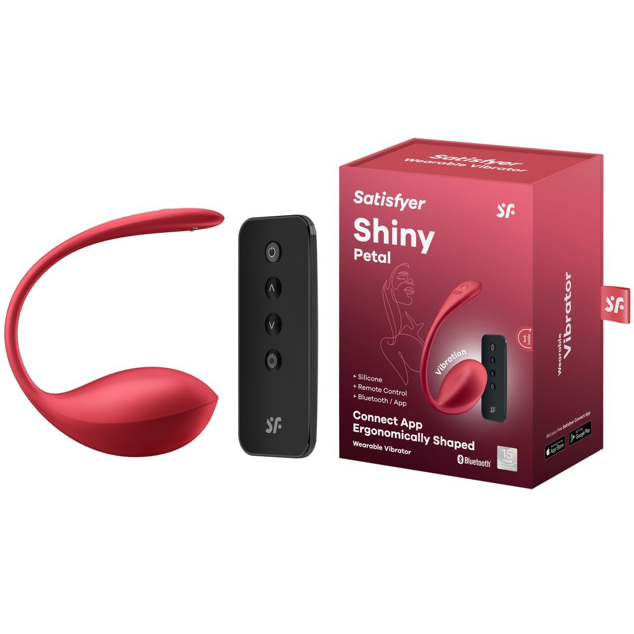 Roter Vibrator, schwarze Fernbedienung und Verpackung. Verpackung mit Produktname und Logo.