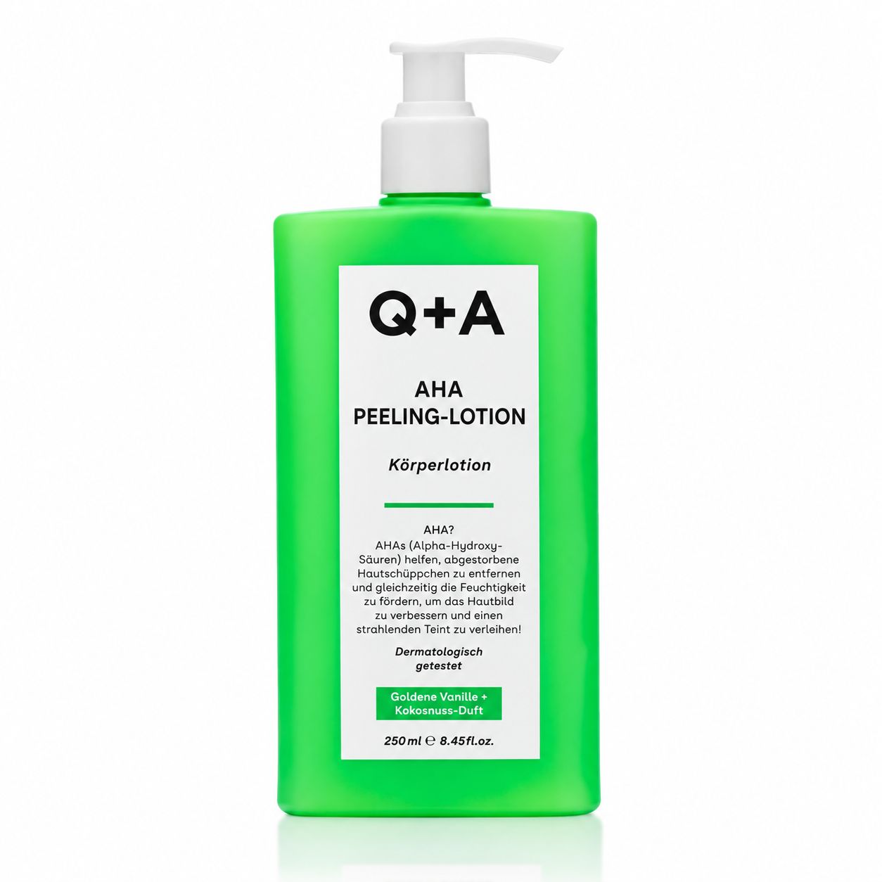 Grüner Spender Q+A AHA Peeling-Lotion Körperlotion mit Kokosnuss und Vanille.