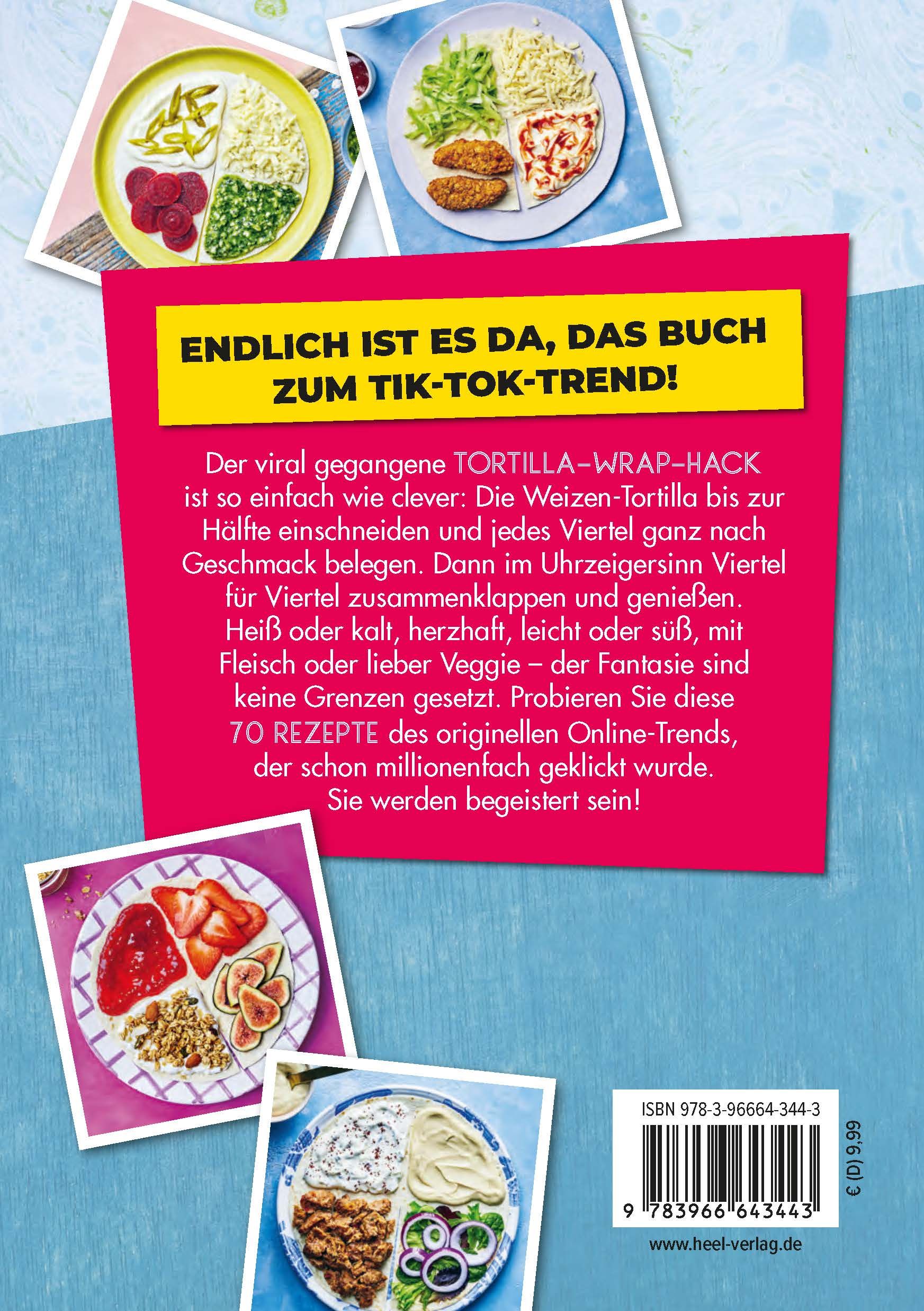 Rückseite des Buches "Wrap-Hacks im TikTok-Style". Text über Tortilla-Wrap-Hacks und 70 Rezepte. ISBN-Code.