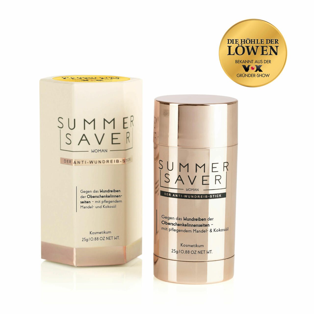 Zwei Summersaver Anti-Wundreib-Sticks mit Verpackung. Goldfarbene Stifte mit weißer Schrift. Aufschrift: Summersaver Woman, Der Anti-Wundreib-Stick.