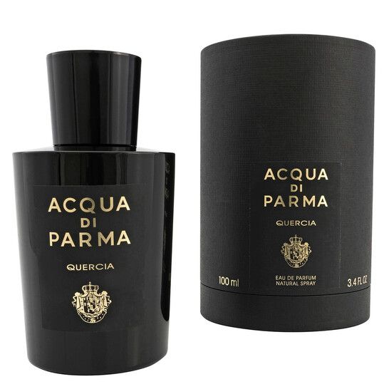 Schwarze Flasche und Verpackung. Aufschrift: Acqua di Parma Quercia. 100 ml, 3.4 fl oz.