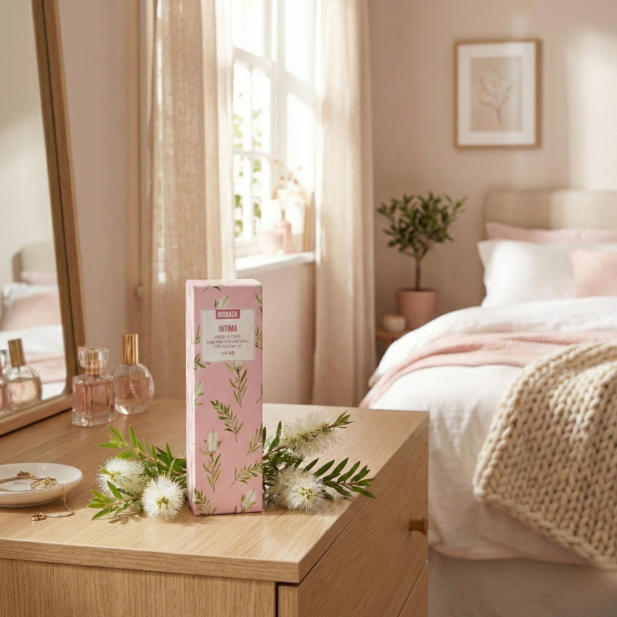 Rosa Verpackung mit floralem Muster auf einem Tisch. Text: Intima Wash & Care, seifenfreie Intimwaschlotion mit Teebaumöl, pH 4.0. Im Hintergrund Schlafzimmer.