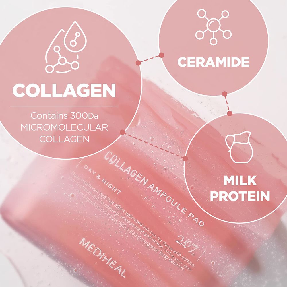 Rosa Dose mit MEDIHEAL Collagen Ampoule Pad. Text: Collagen, Ceramide, Milk Protein. Produktinformationen.