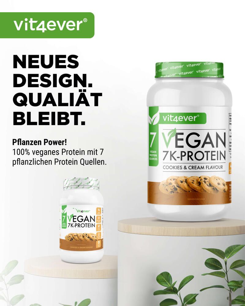 Große weiße Dose mit grünem Deckel. Aufschrift: 7 Vegan 7K-Protein, Cookies & Cream Flavour. Kleine Dose daneben.