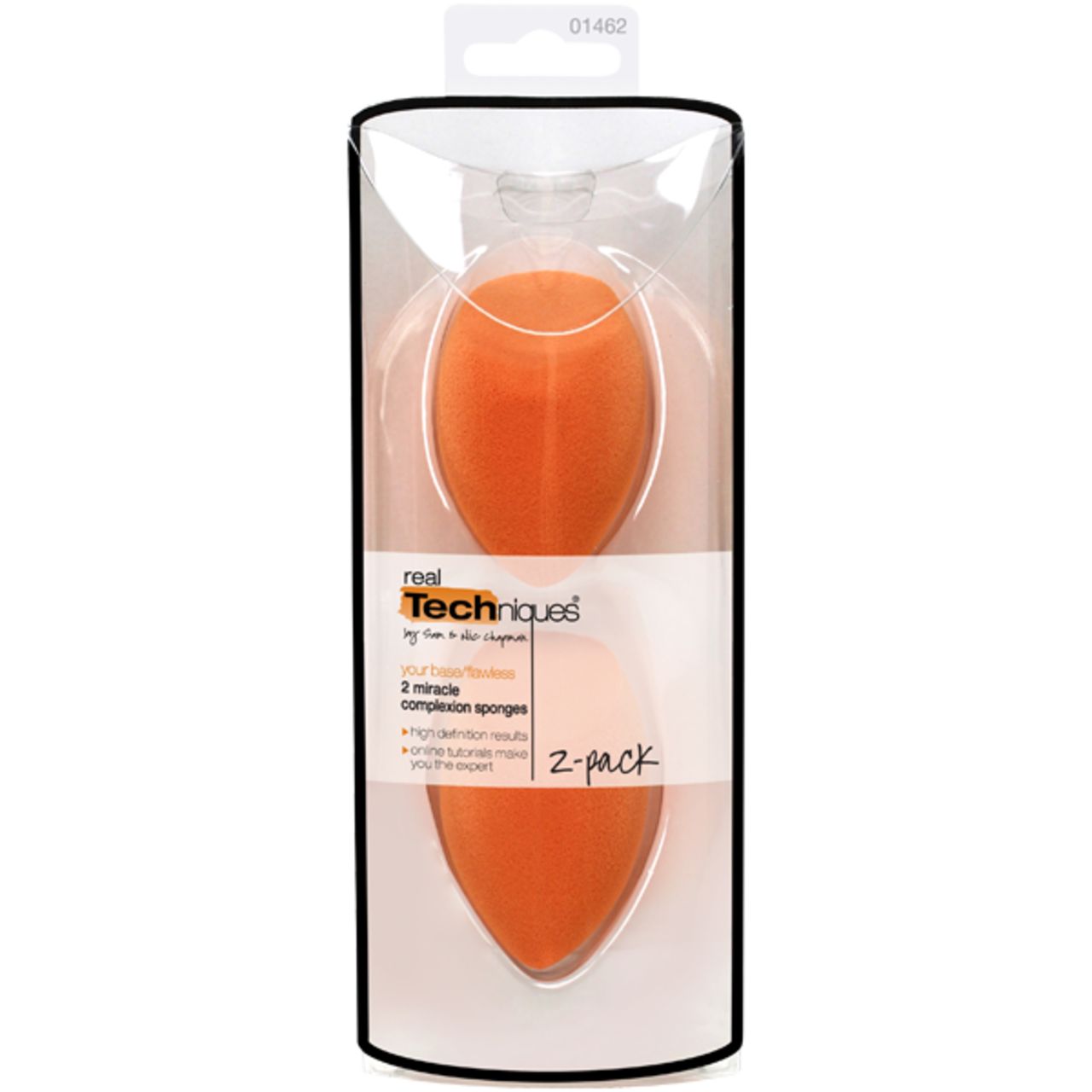 Verpackung mit zwei orangefarbenen Schwämmen. Auf der Verpackung steht "Real Techniques" und "2 miracle complexion sponges".