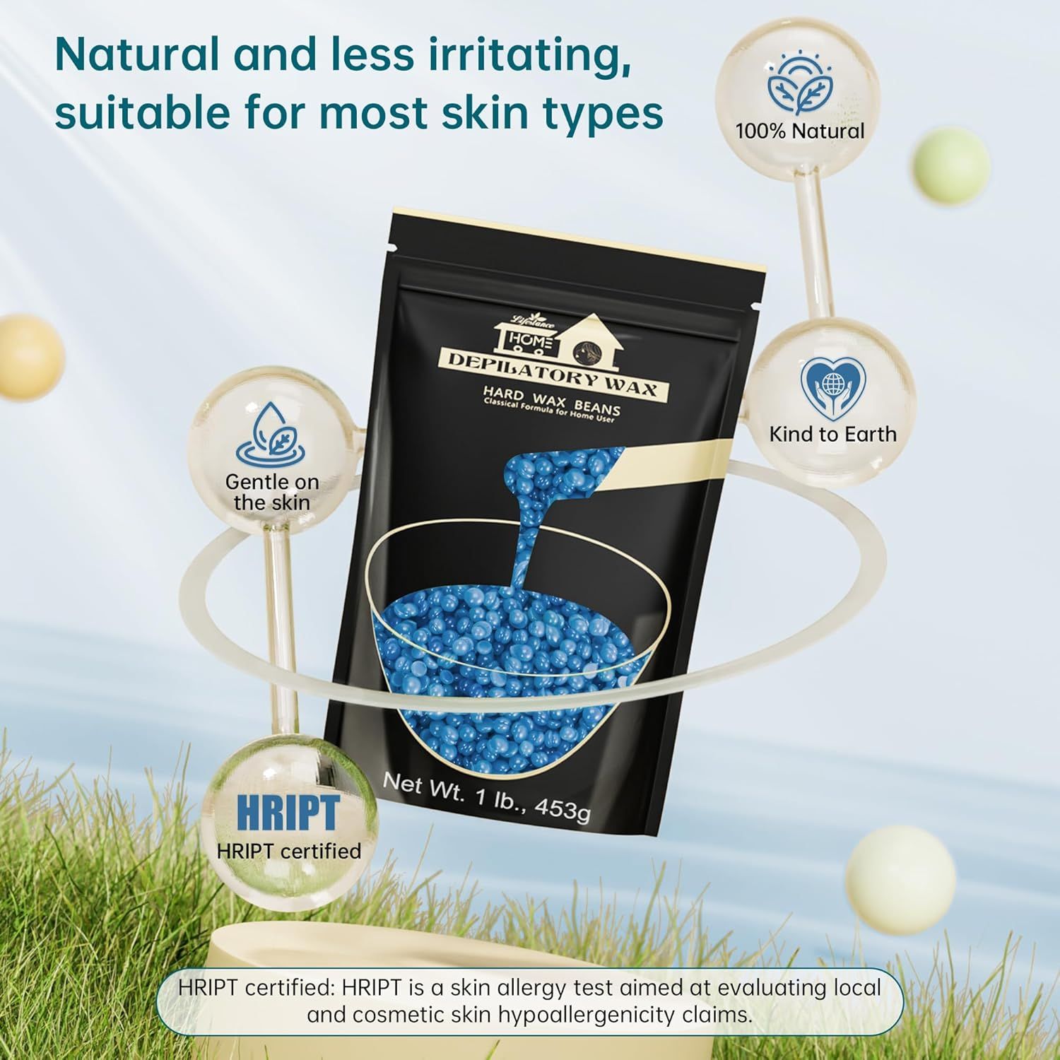 Schwarze Tüte mit blauen Wachsperlen. Text: Lifestance, HRIPT-zertifiziert, sanft zur Haut, 100% natürlich.