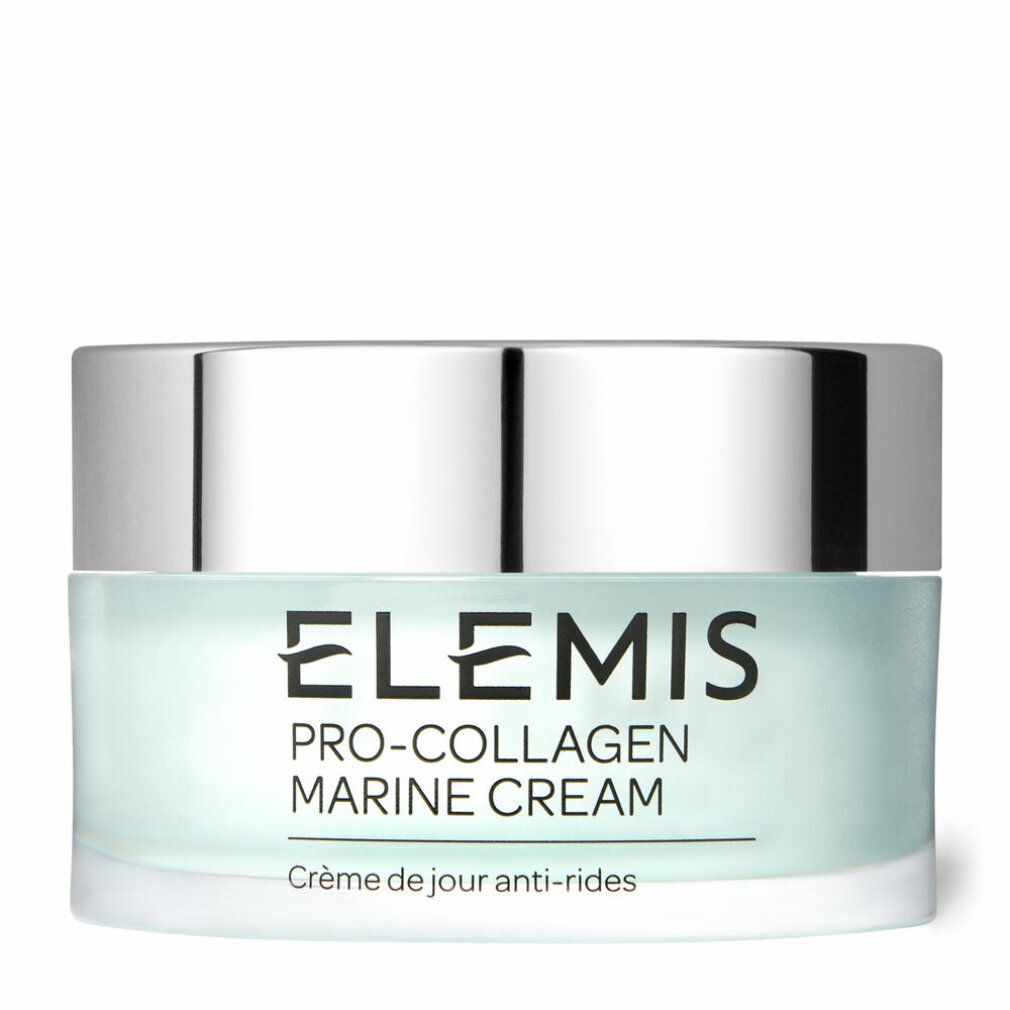Elemis Pro-Collagen Marine Cream-Tiegel. Glasbehälter mit silbernem Deckel. Text: Pro-Collagen Marine Cream, Crème de jour anti-rides.