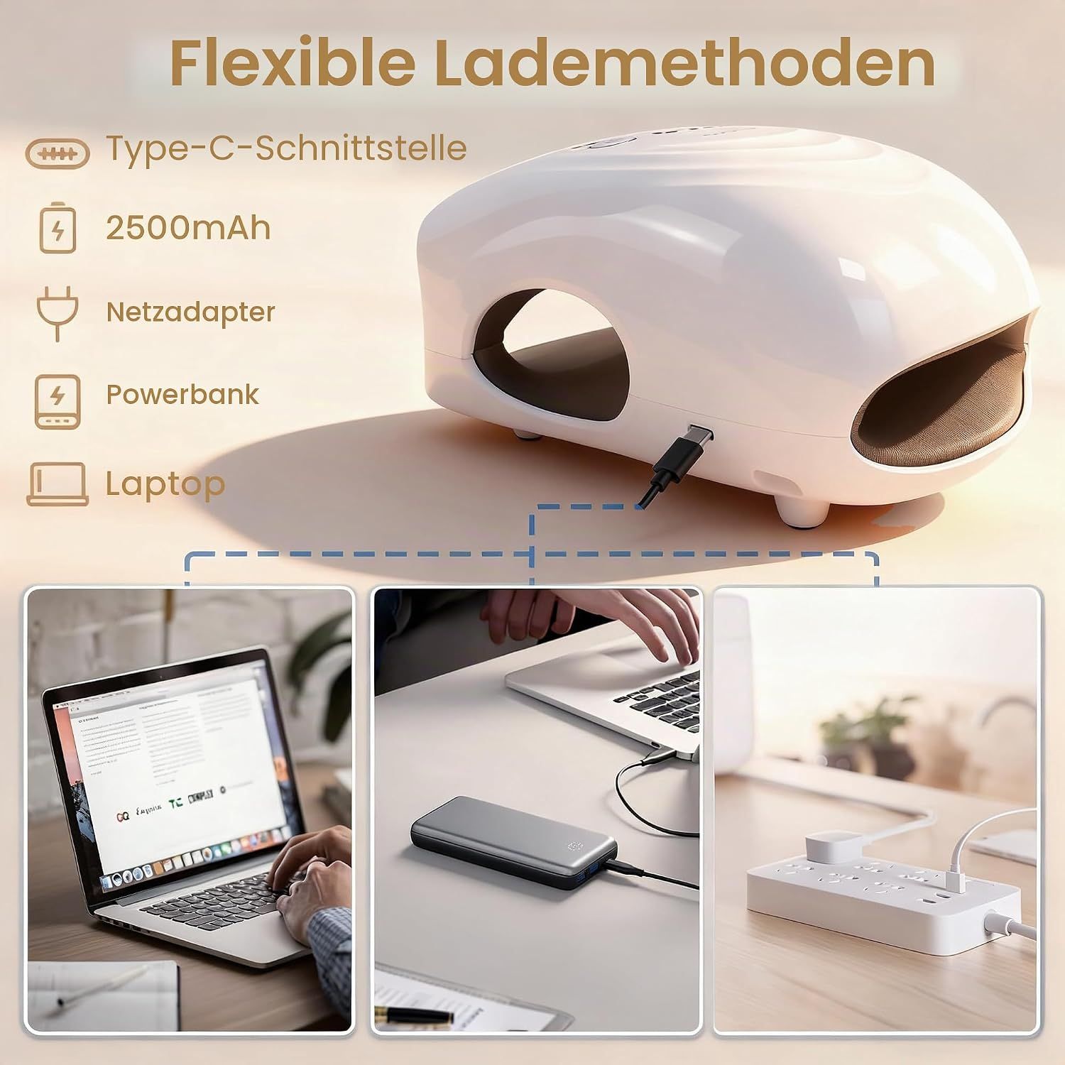 Frau mit Kniebandage, die auf einem Laptop tippt. Anzeige von Vibrations- und Heizmodi.