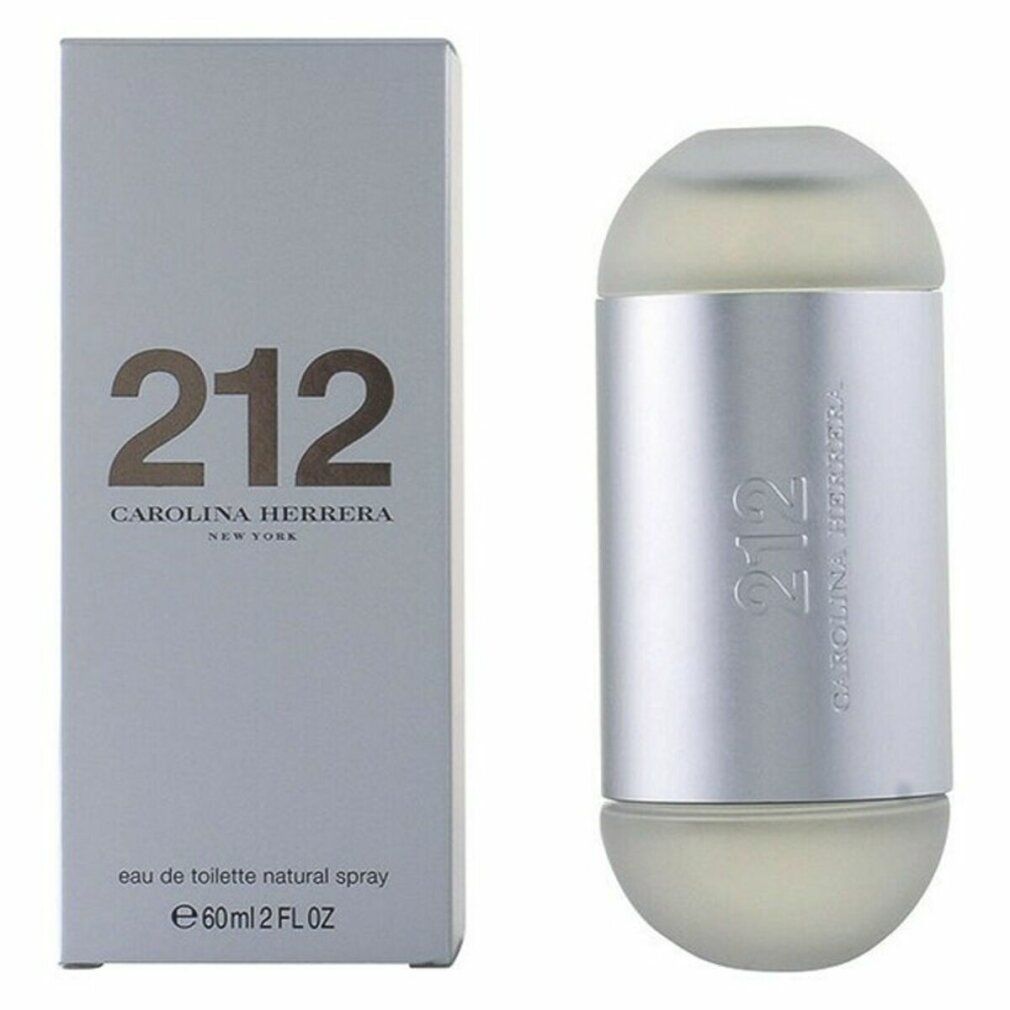 Parfümflasche und -verpackung. Zylindrische Flasche mit silbernen Enden. Weiße Schachtel mit Aufschrift 212 CAROLINA HERRERA.