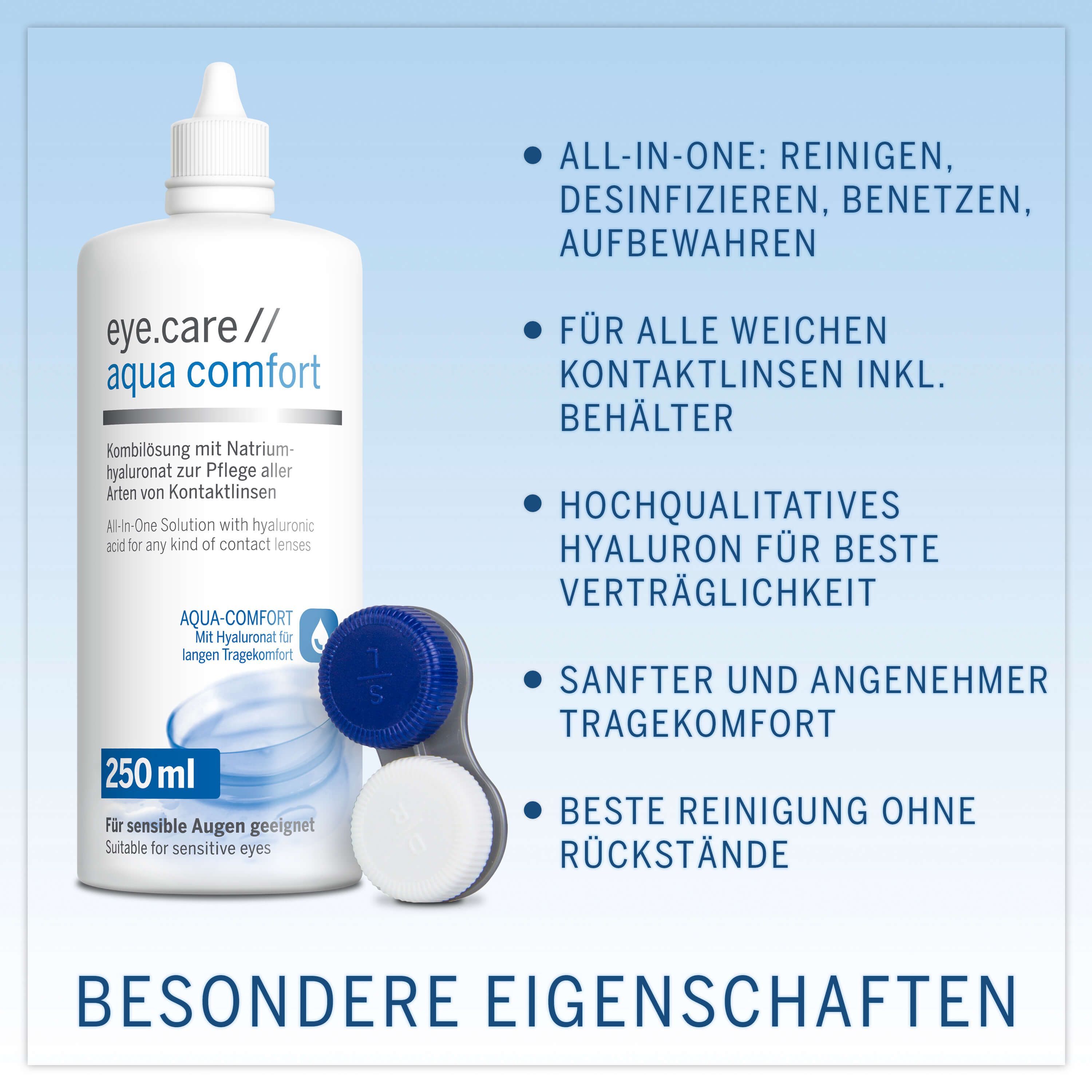 Flasche eye.care // aqua comfort mit Kontaktlinsenbehälter. Text: All-in-One, für weiche Kontaktlinsen.