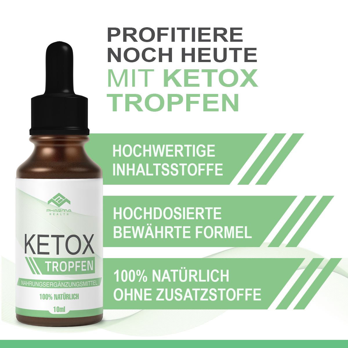 Braune Flasche mit schwarzem Tropfer. Auf dem Etikett steht "Ketox Tropfen". Text: "Profitiere noch heute mit Ketox Tropfen".
