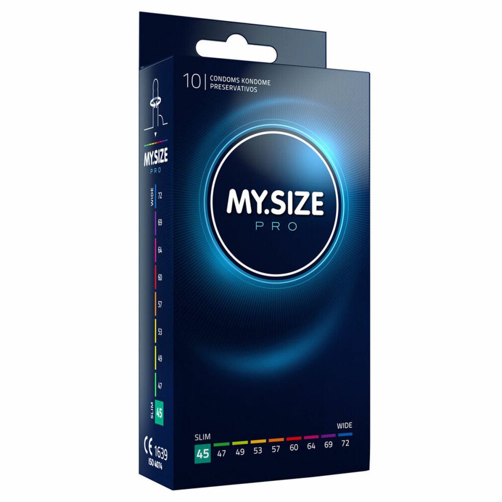 Schwarze Schachtel mit "MY.SIZE PRO" Logo. Enthält 10 Kondome. Größe 45mm. CE 1639.