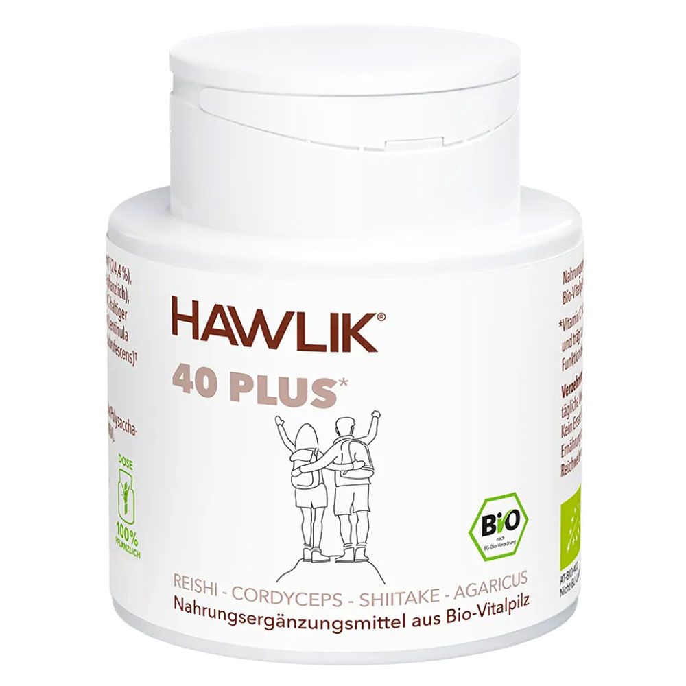 Weiße Flasche mit Aufschrift HAWLIK 40 PLUS. Bio-Siegel. Enthält Reishi, Cordyceps, Shiitake, Agaricus. Nahrungsergänzungsmittel.