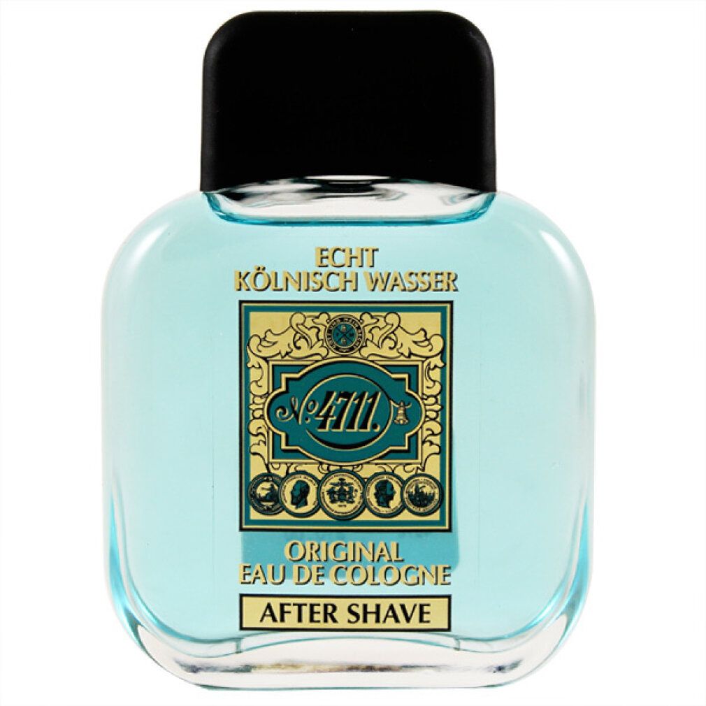 Hellblaue Flasche mit schwarzem Deckel. Etikett mit '4711' Logo und Text 'Eau de Cologne After Shave'.