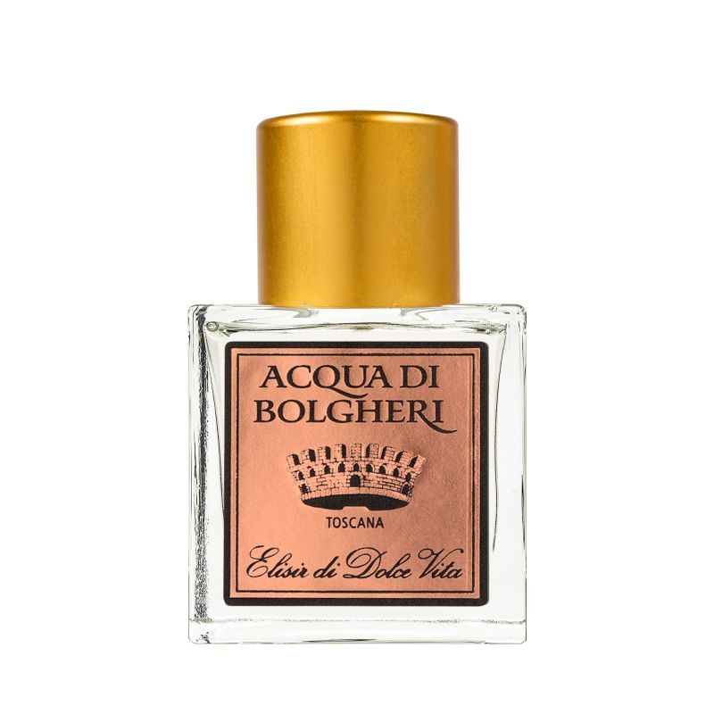 Quadratischer Glasflakon mit goldfarbenem Verschluss. Aufkleber mit Schriftzug: Acqua di Bolgheri, Elisir di Dolce Vita.
