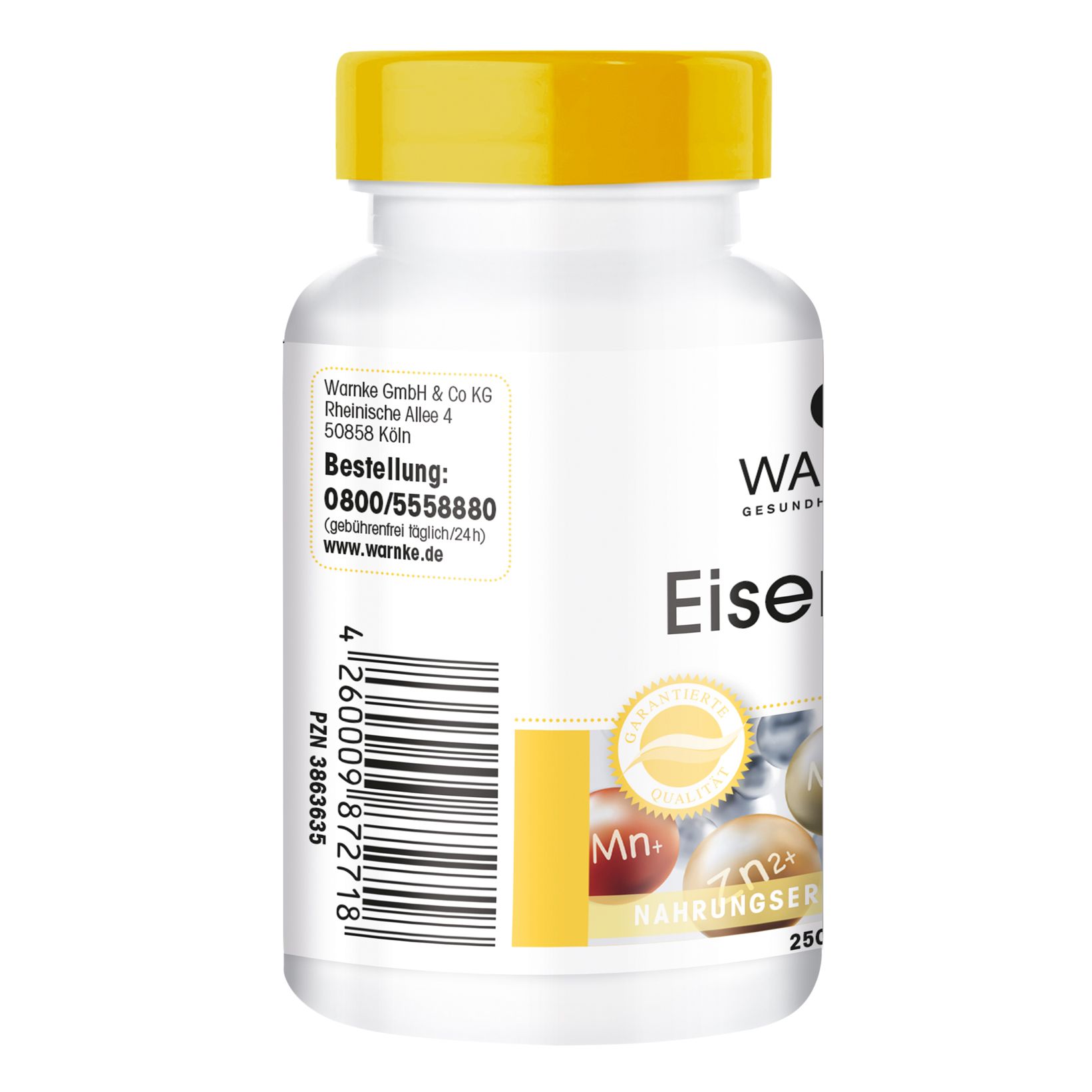 Weiße Flasche mit gelbem Deckel. Rückseite mit Etikett. Aufschrift: Warnke Eisen & C. 250 Kapseln. Adresse und Kontaktinformationen.