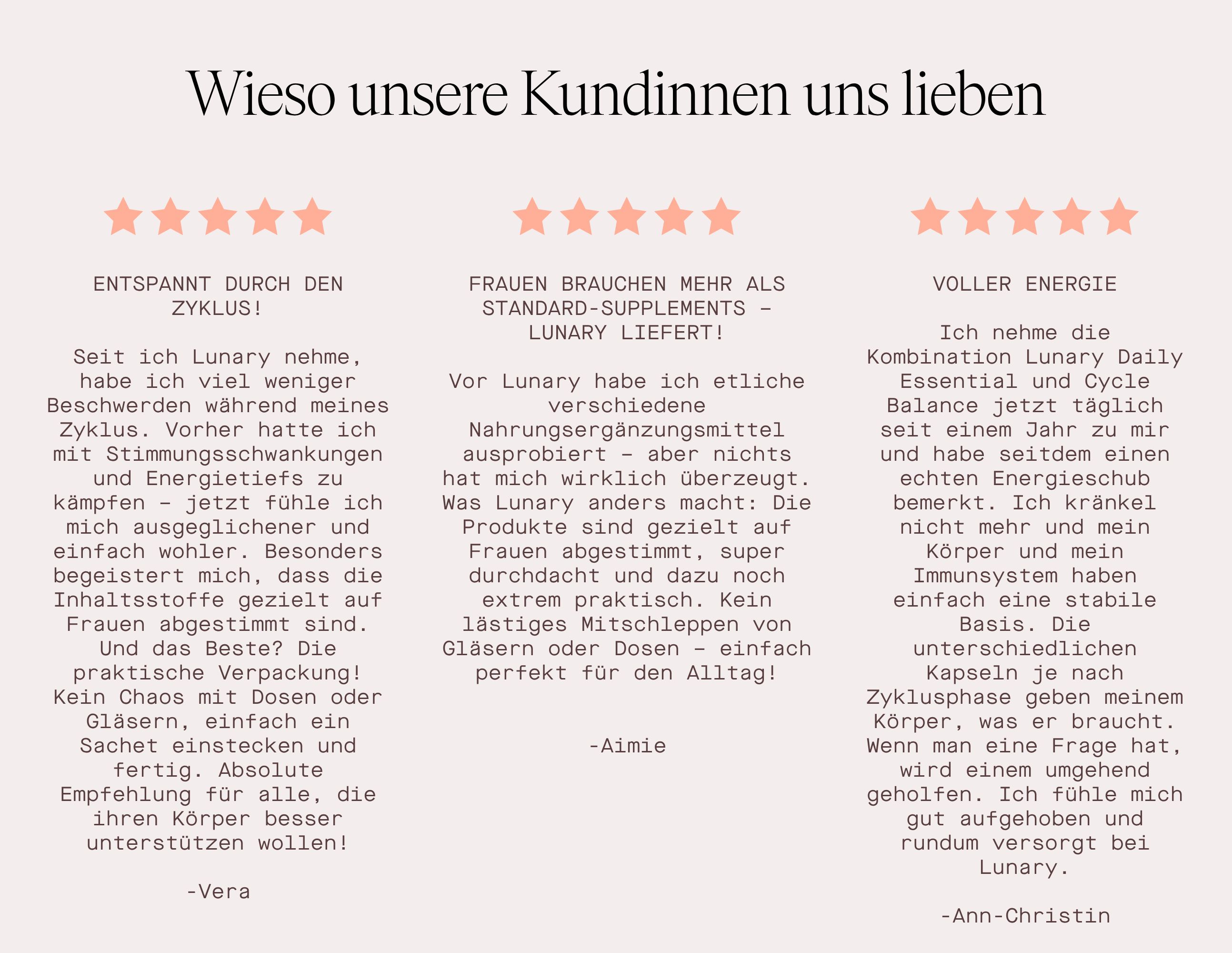 Text: Wieso unsere Kundinnen uns lieben. Zitate von Kundinnen. Entspannt durch den Zyklus! Voller Energie!