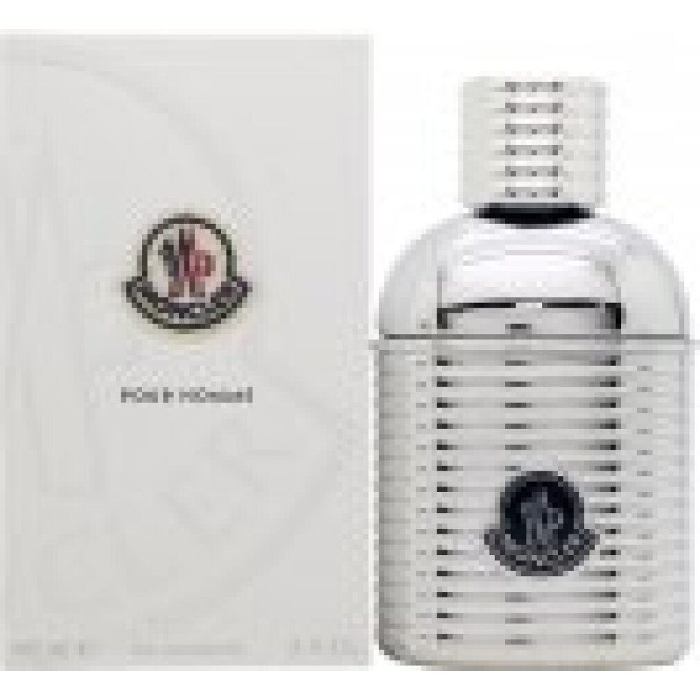 Silberfarbener Flakon und Verpackung. Moncler Pour Homme EDP. Logo und Schriftzug auf Flakon und Verpackung.