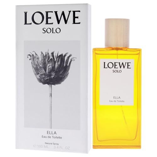 Parfümflakon mit Holzverschluss und Verpackung. Aufschrift LOEWE SOLO ELLA. Flakon mit gelber Flüssigkeit.