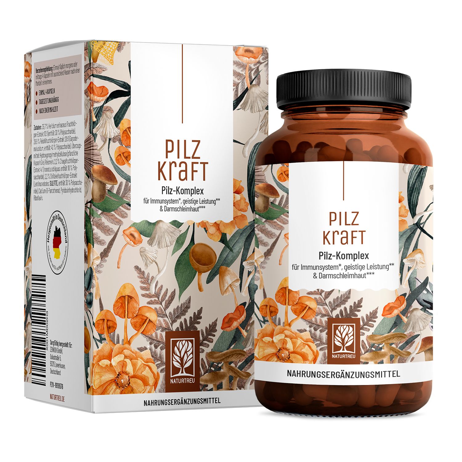 Pilz Komplex Dose und Karton mit Pilz-Motiven. Nahrungsergänzungsmittel.