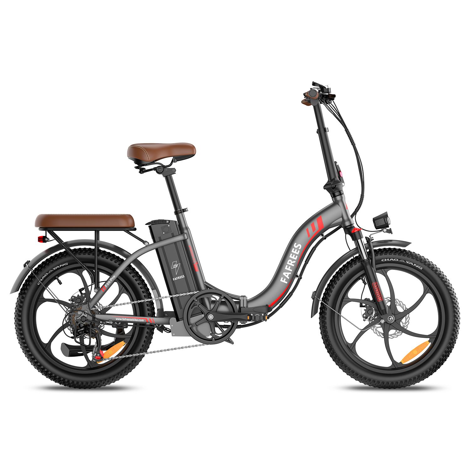 Graues FAFREES F20 Pro Elektrofahrrad mit braunen Sitzen und Reifen. 20 Zoll Räder, roter Akzent. Gefalteter Rahmen.