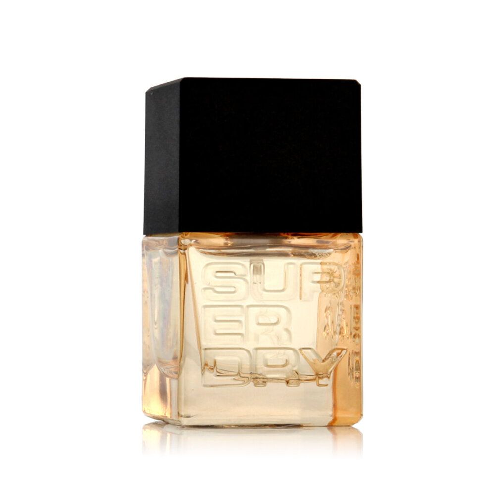 Superdry Neon Orange Eau de Cologne. Quadratischer Flakon mit schwarzem Deckel. Schriftzug Superdry auf dem Flakon. Flüssigkeit bernsteinfarben.