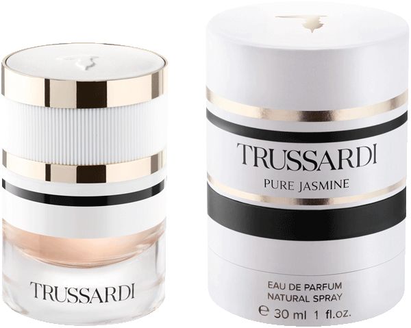Trussardi Pure Jasmine Eau de Parfum Spray in Glasflasche und runder Verpackung.
