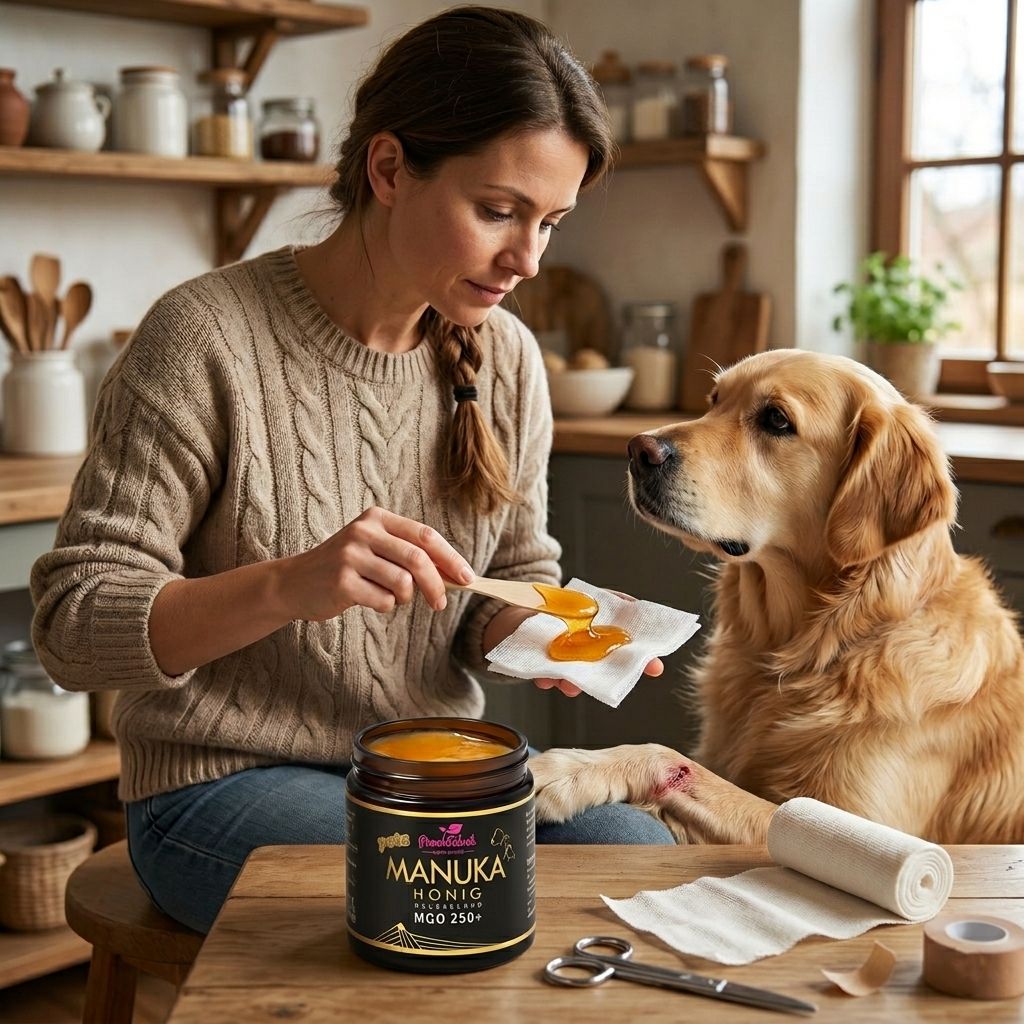 Frau gibt Hund Manuka Honig, MGO 250+ auf Verband. Honig auf Holzstäbchen. Hund sitzt neben Glas.