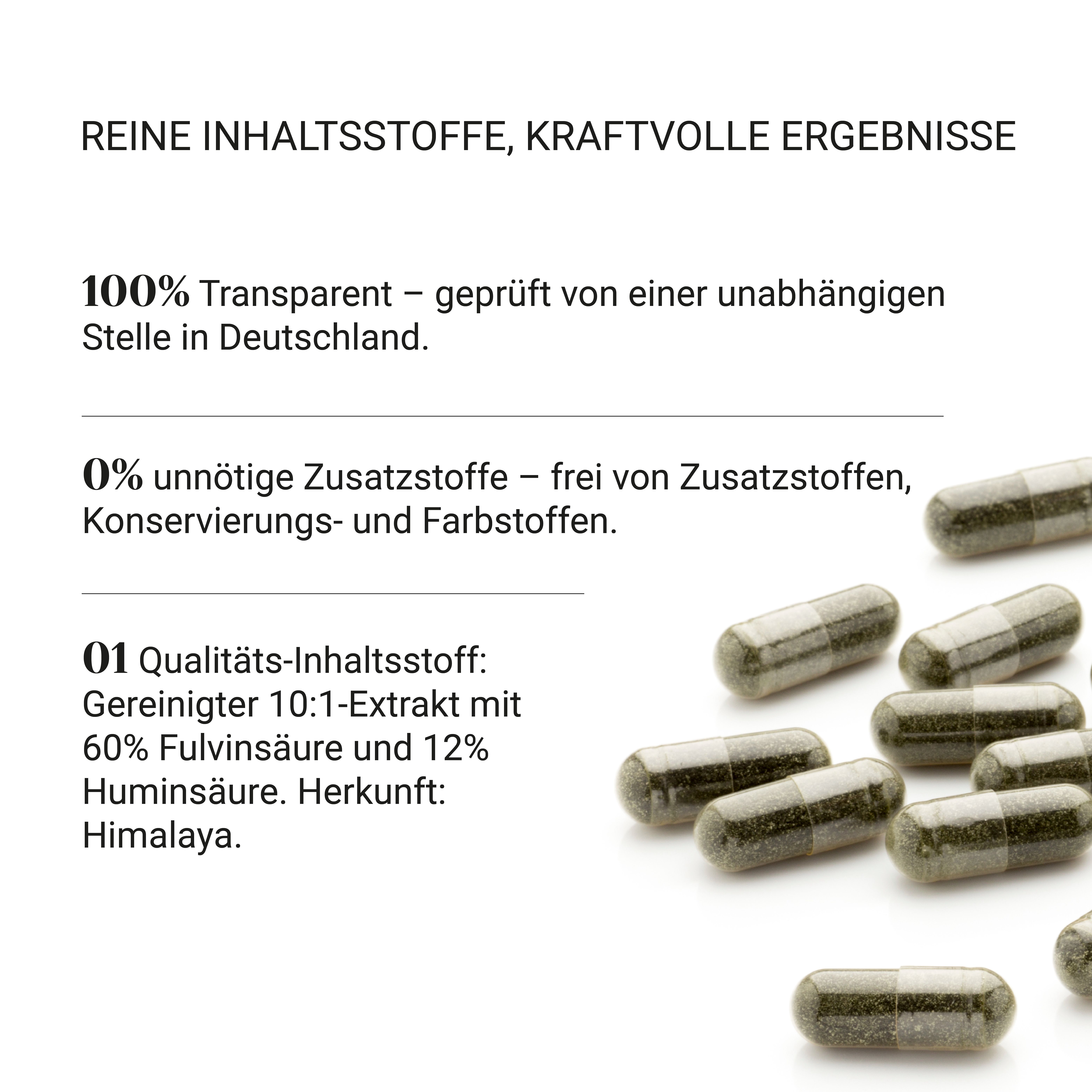 Kapseln. Text: 100% transparent, 0% unnötige Zusatzstoffe. Inhaltsstoff: 10:1-Extrakt mit 60% Fulvinsäure.