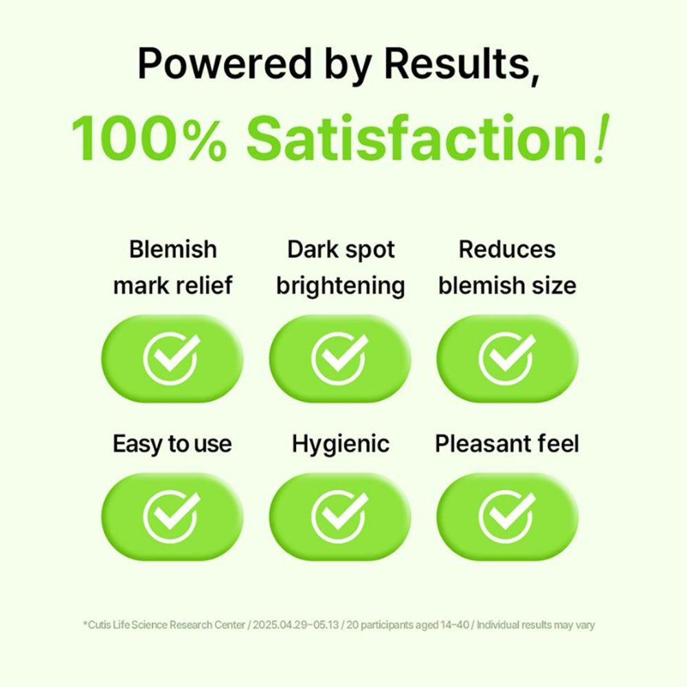 Grafik mit grünen Kästchen und Häkchen. Aussagen: Blemish mark relief, Dark spot brightening, Reduces blemish size, Easy to use, Hygienic, Pleasant feel.