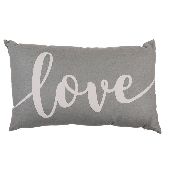 Graues Dekokissen mit weißem Schriftzug 'love'. Rechteckige Form. Kissen mit abgerundeten Ecken.