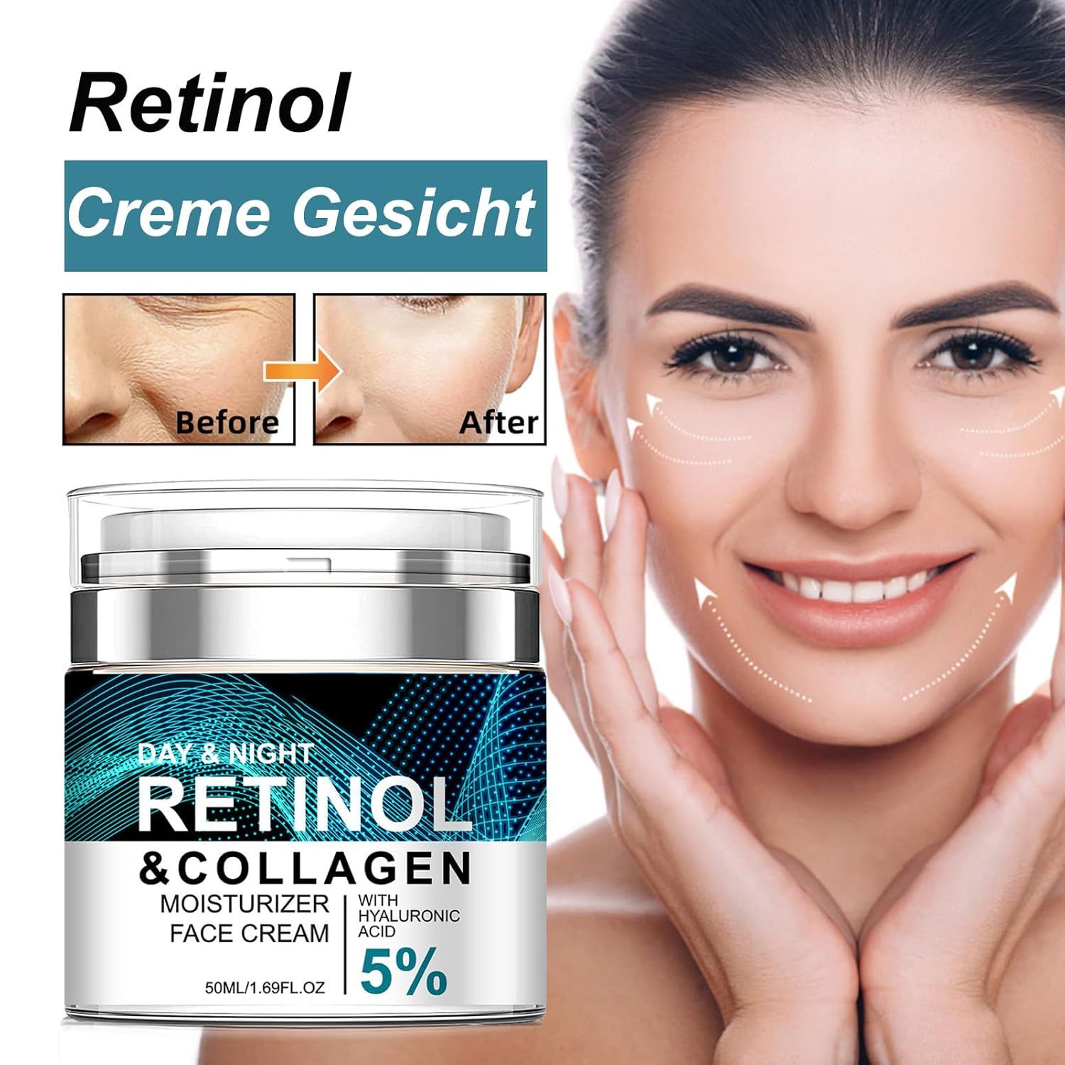 Soleneva Retinol Creme Gesicht mit einem Model und dem Produkt-Tiegel.