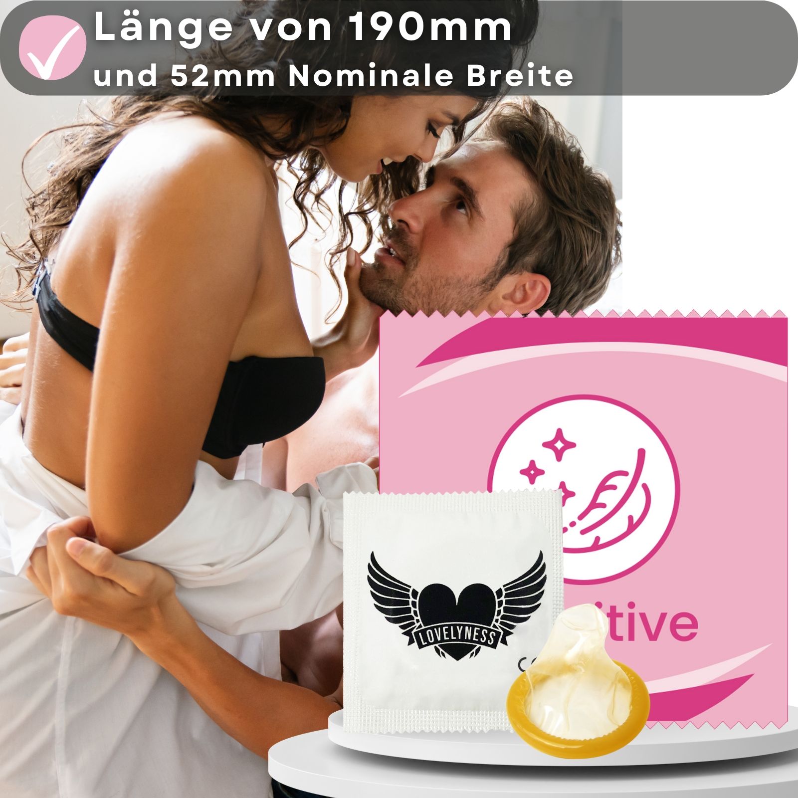 Kondom und Verpackung. Text: "Länge von 190mm und 52mm Nominale Breite".