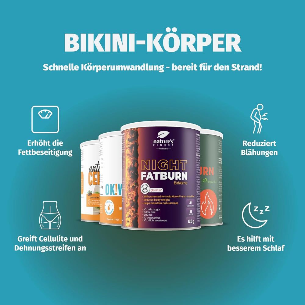 Bikini-Körper-Werbung mit vier Dosen Nature's Finest Bikini Body. Icons zeigen Fettabbau, Blähungsreduktion, Cellulite-Reduktion und Schlafverbesserung.