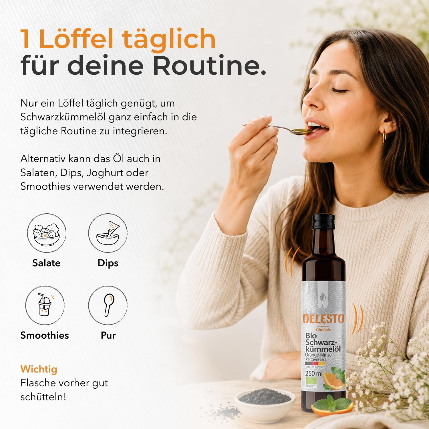 OELESTO Bio-Schwarzkümmelöl Orange-Minze ungefiltert kaltgepresst aus ägyptischer Saat